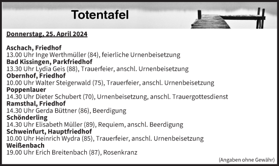 Anzeige von Totentafel vom 25.04.2024 von MGO