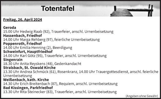 Anzeige von Totentafel vom 26.04.2024 von MGO