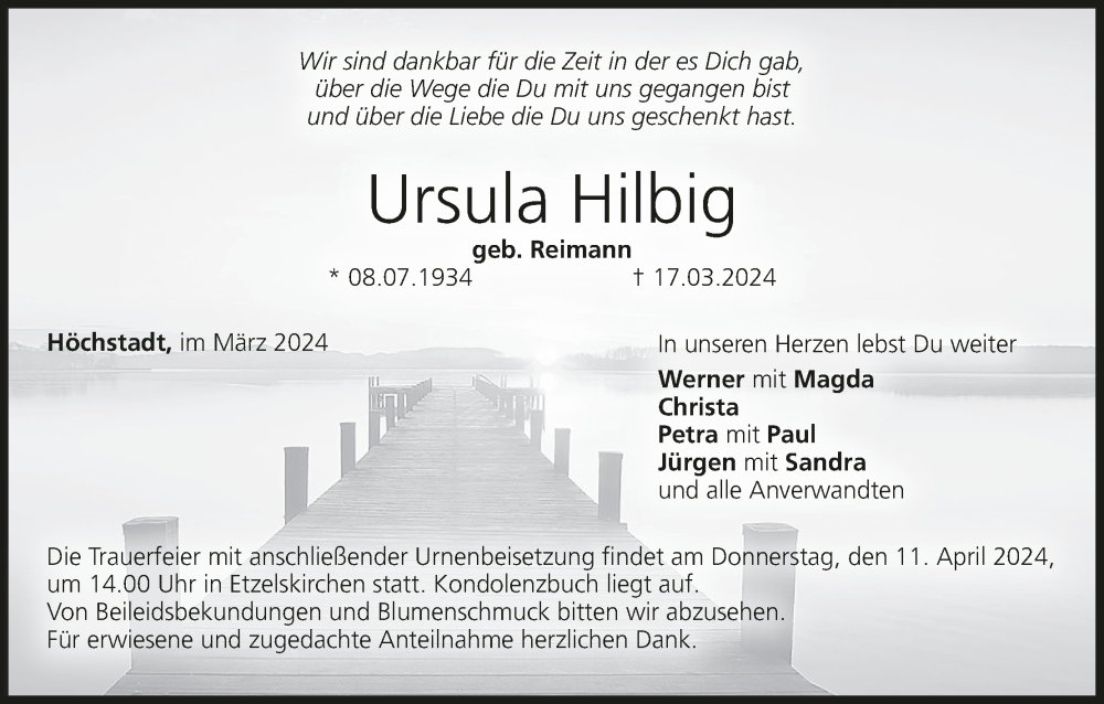  Traueranzeige für Ursula Hilbig vom 06.04.2024 aus MGO