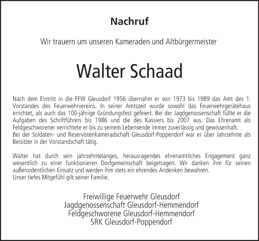  Traueranzeige für Walter Schaad vom 23.04.2024 aus MGO