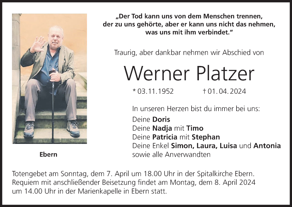  Traueranzeige für Werner Platzer vom 06.04.2024 aus MGO