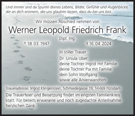 Anzeige von Werner Leopold Friedrich Frank von MGO