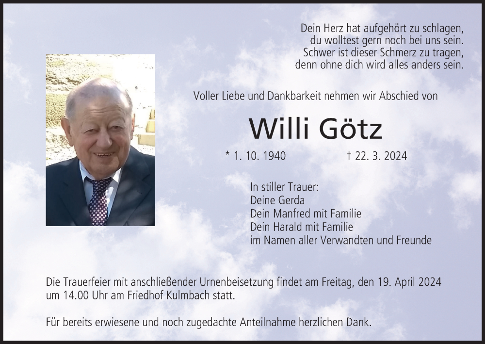  Traueranzeige für Willi Götz vom 13.04.2024 aus MGO
