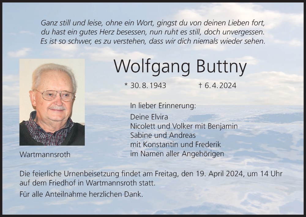  Traueranzeige für Wolfgang Buttny vom 12.04.2024 aus MGO