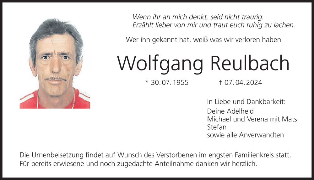  Traueranzeige für Wolfgang Reulbach vom 17.04.2024 aus MGO
