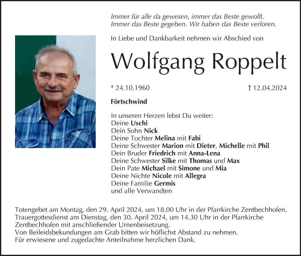  Traueranzeige für Wolfgang Roppelt vom 27.04.2024 aus MGO