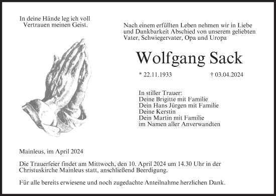 Anzeige von Wolfgang Sack von MGO