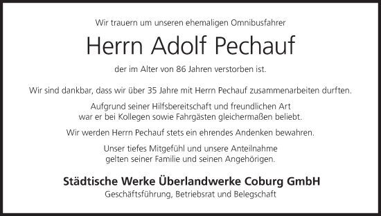 Anzeige von Adolf Pechauf von MGO