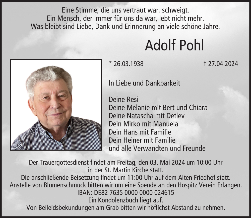 Traueranzeige für Adolf Pohl vom 30.04.2024 aus MGO