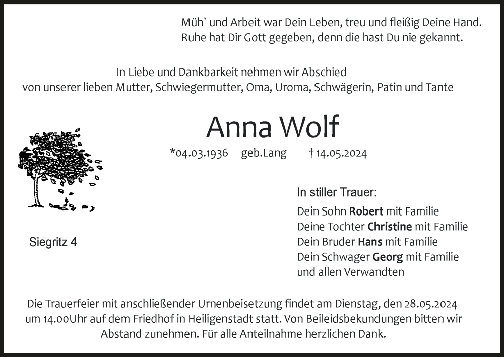  Traueranzeige für Anna Wolf vom 27.05.2024 aus MGO