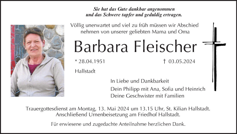  Traueranzeige für Barbara Fleischer vom 08.05.2024 aus MGO