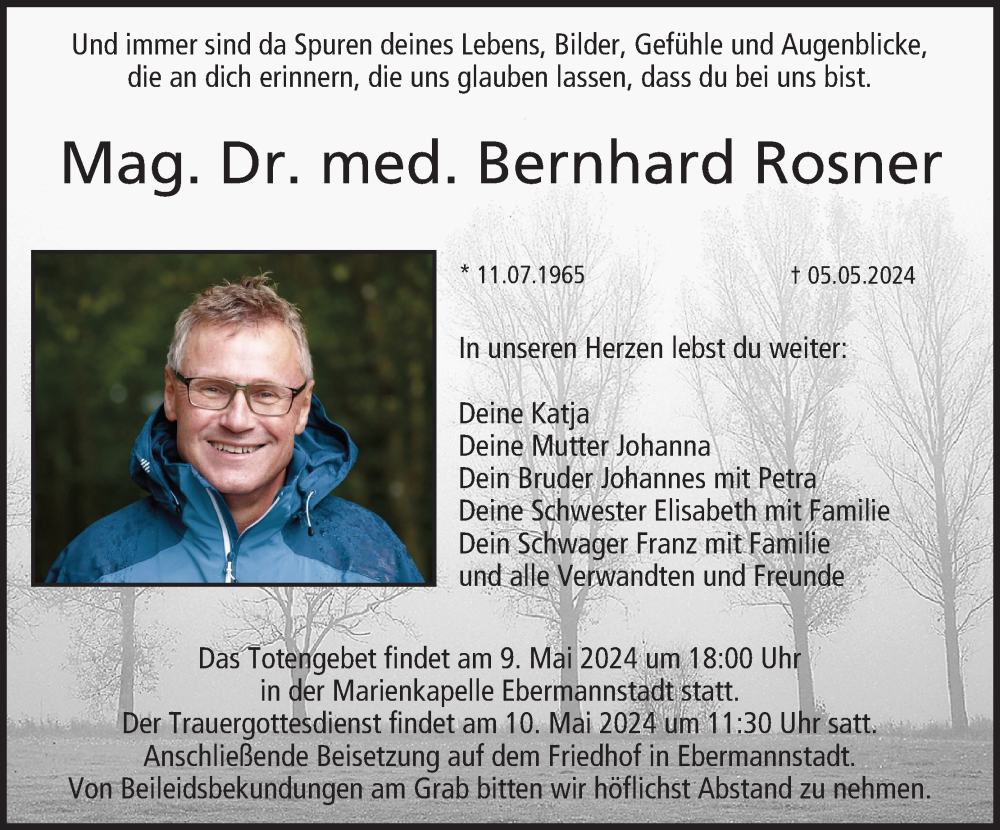  Traueranzeige für Bernhard Rosner vom 08.05.2024 aus MGO