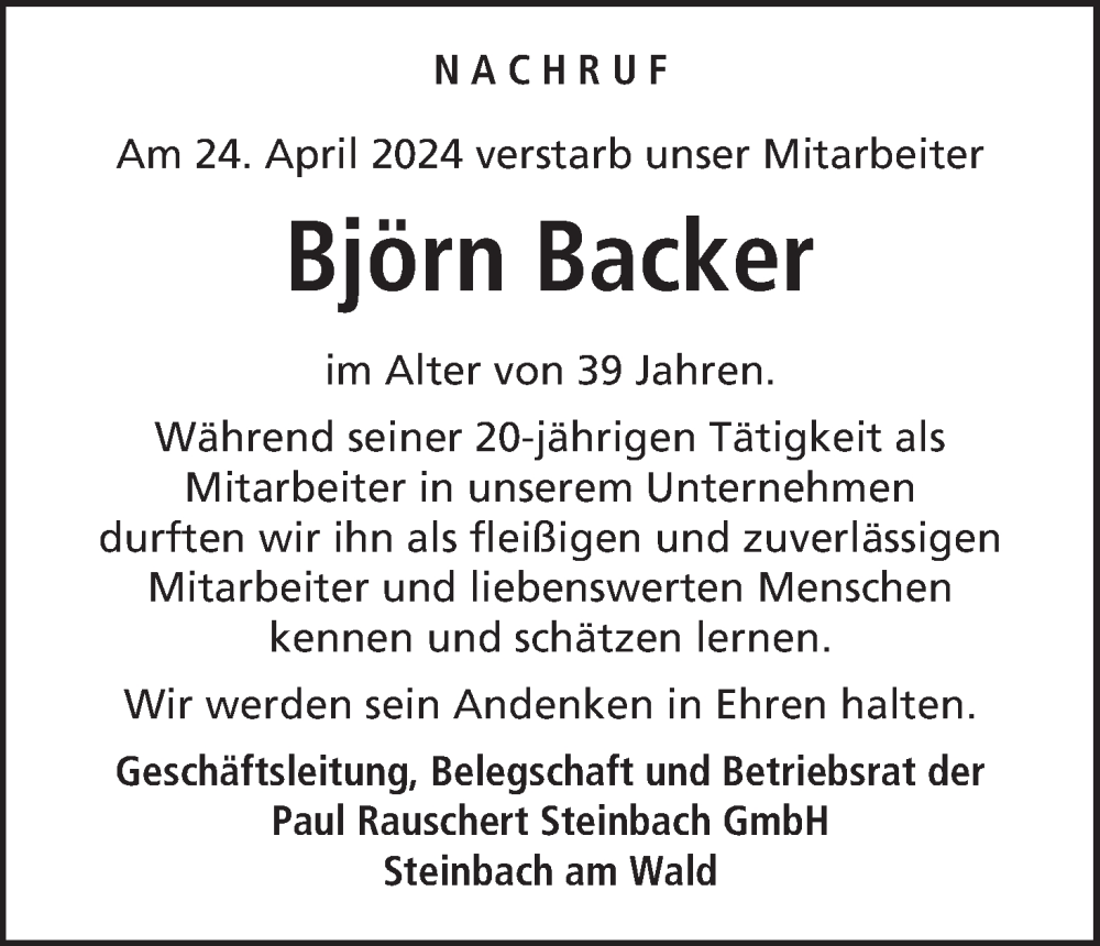  Traueranzeige für Björn Backer vom 06.05.2024 aus MGO