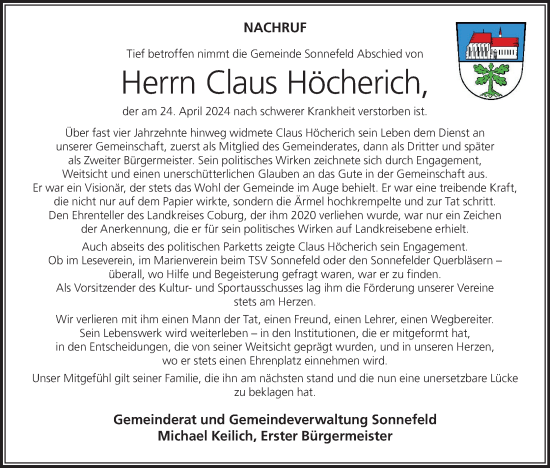 Anzeige von Claus Höcherich von MGO