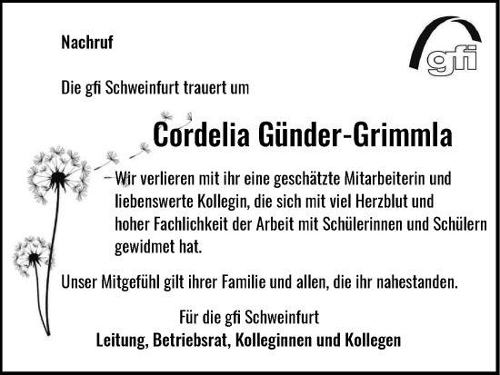 Anzeige von Cordelia Günder-Grimmla von MGO