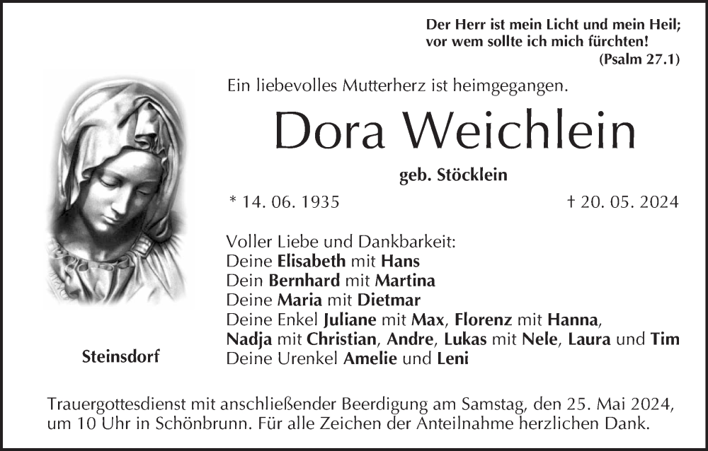  Traueranzeige für Dora Weichlein vom 24.05.2024 aus MGO