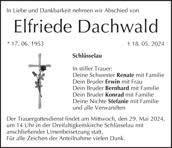 Anzeige von Elfriede Dachwald von MGO