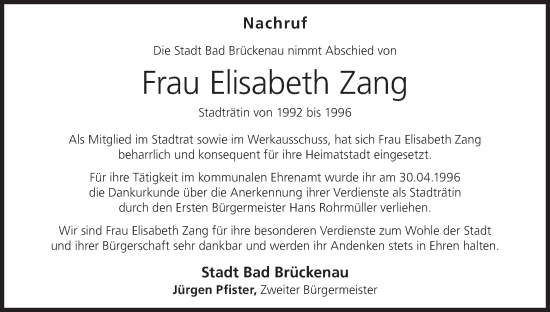 Anzeige von Elisabeth Zang von MGO