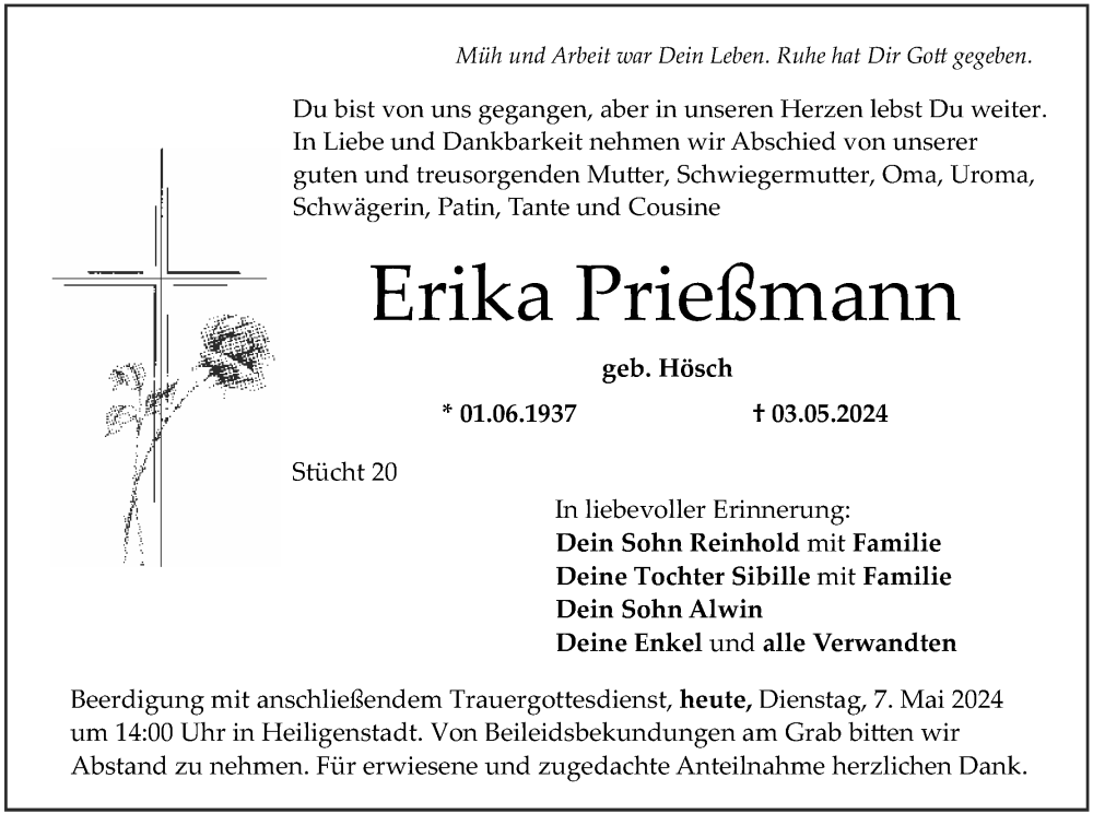  Traueranzeige für Erika Prießmann vom 07.05.2024 aus MGO
