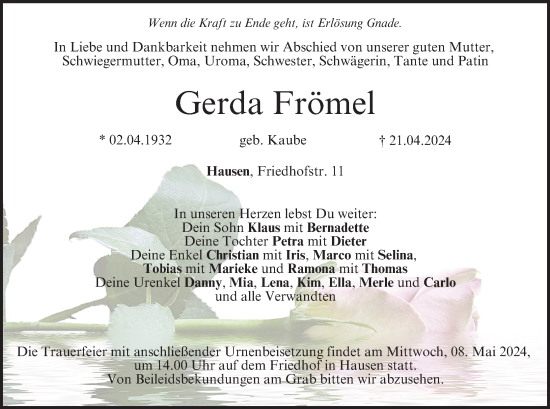 Anzeige von Gerda Frömel von MGO