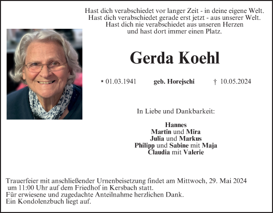 Anzeige von Gerda Koehl von MGO