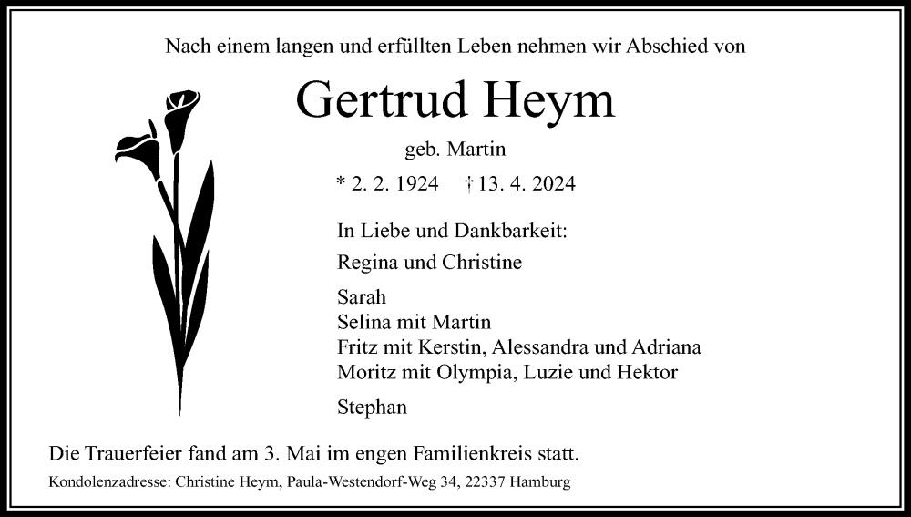  Traueranzeige für Gertrud Heym vom 11.05.2024 aus MGO