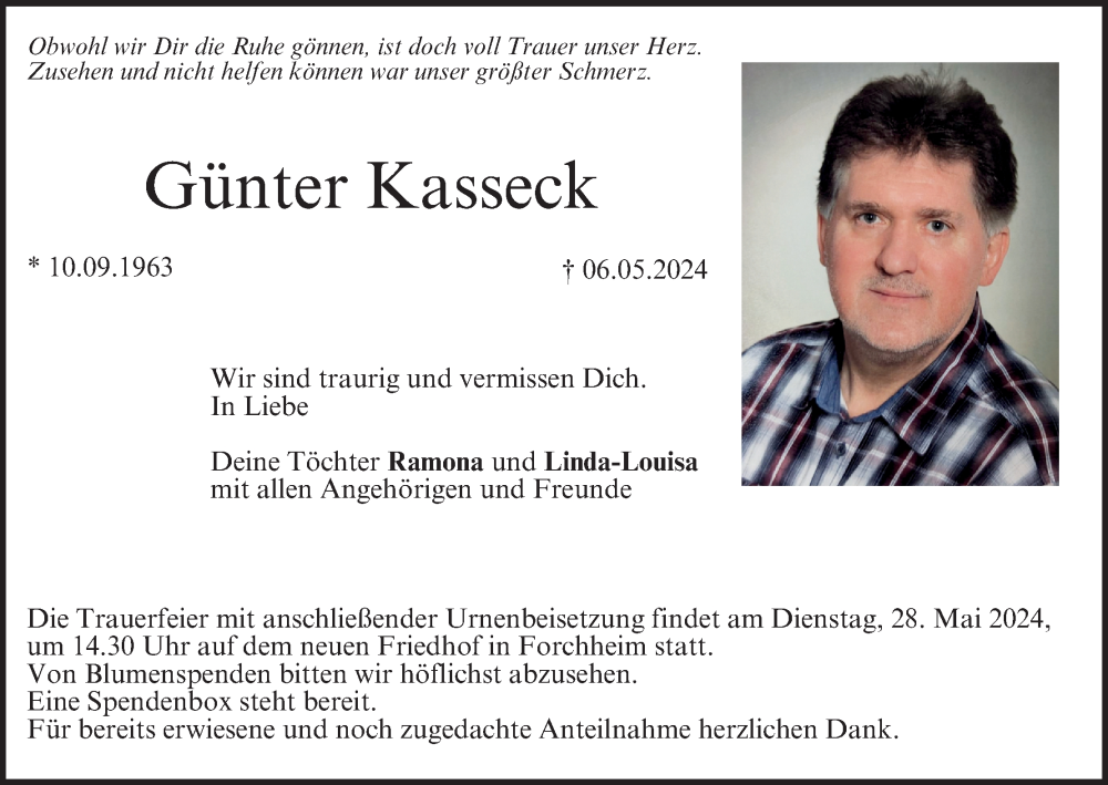  Traueranzeige für Günter Kasseck vom 18.05.2024 aus MGO