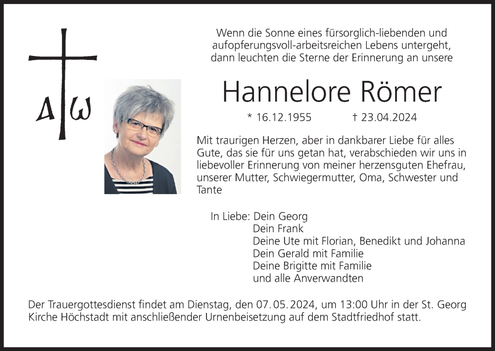  Traueranzeige für Hannelore Römer vom 04.05.2024 aus MGO