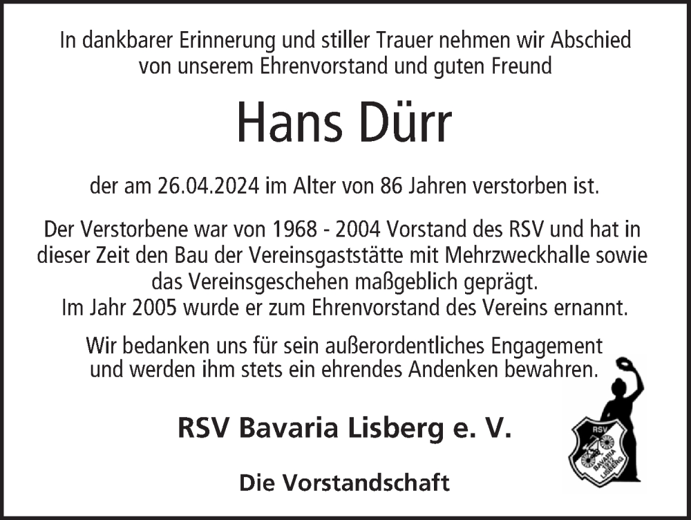  Traueranzeige für Hans Dürr vom 04.05.2024 aus MGO