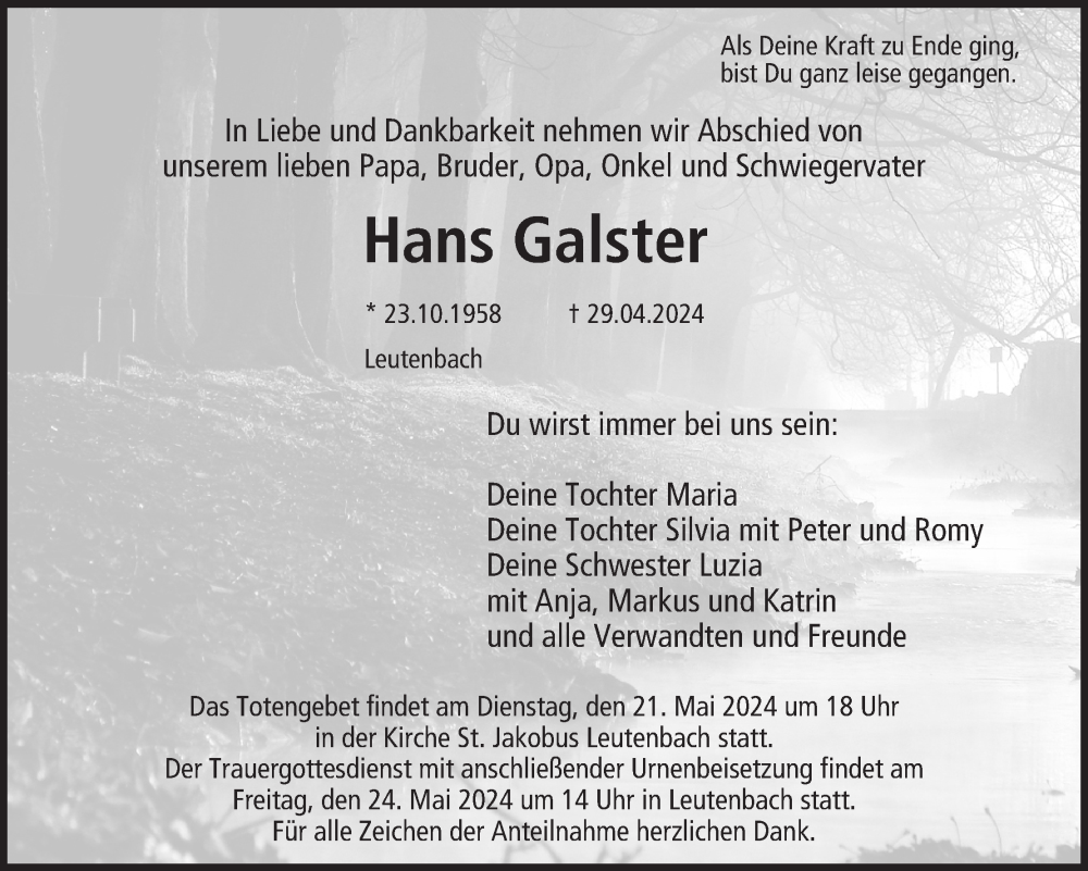  Traueranzeige für Hans Galster vom 18.05.2024 aus MGO