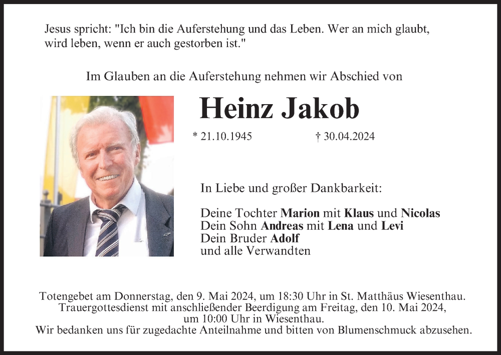  Traueranzeige für Heinz Jakob vom 04.05.2024 aus MGO