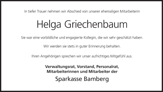 Anzeige von Helga Griechenbaum von MGO