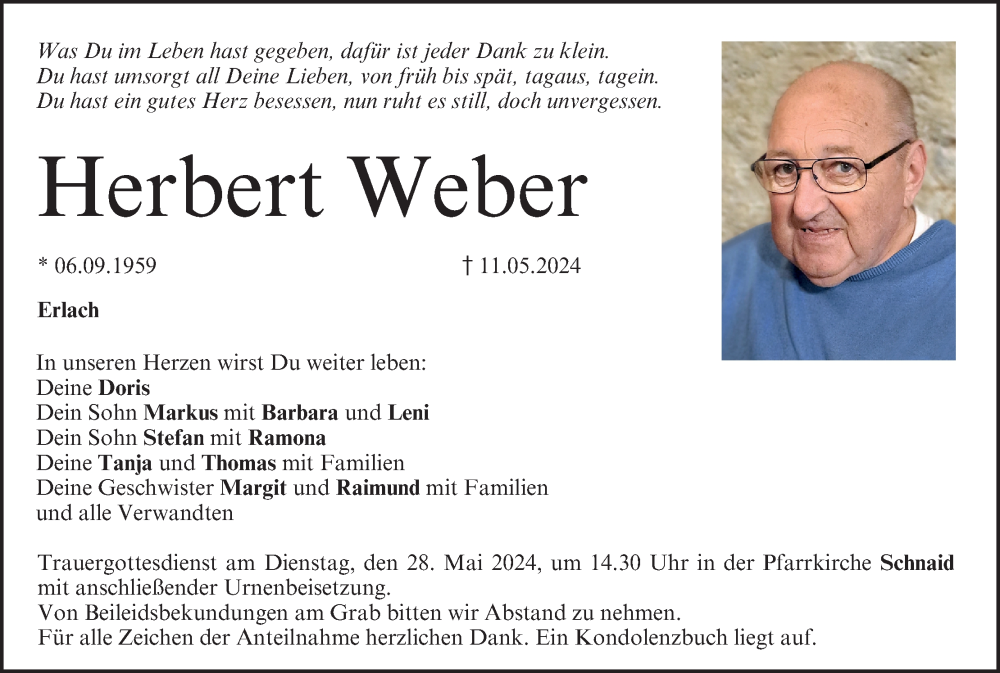  Traueranzeige für Herbert Weber vom 25.05.2024 aus MGO