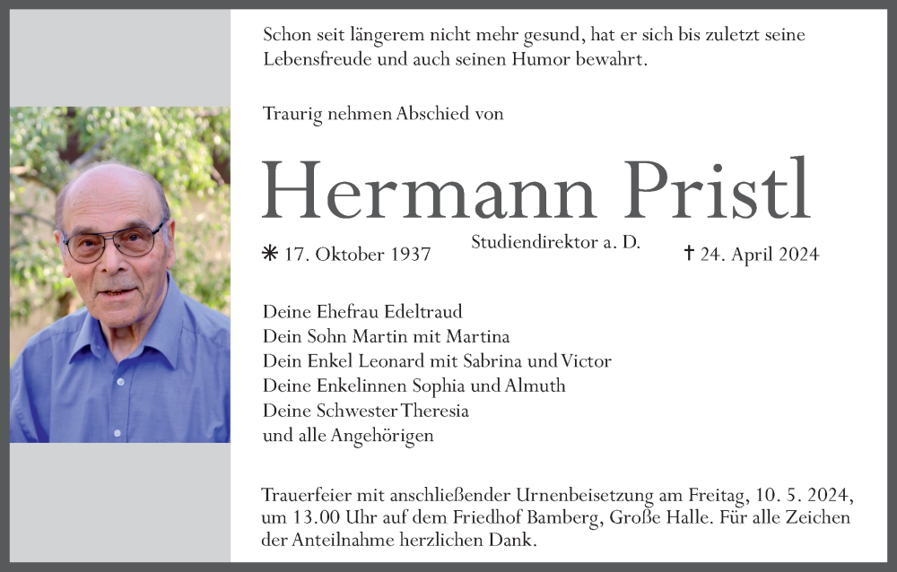  Traueranzeige für Hermann Pristl vom 04.05.2024 aus MGO