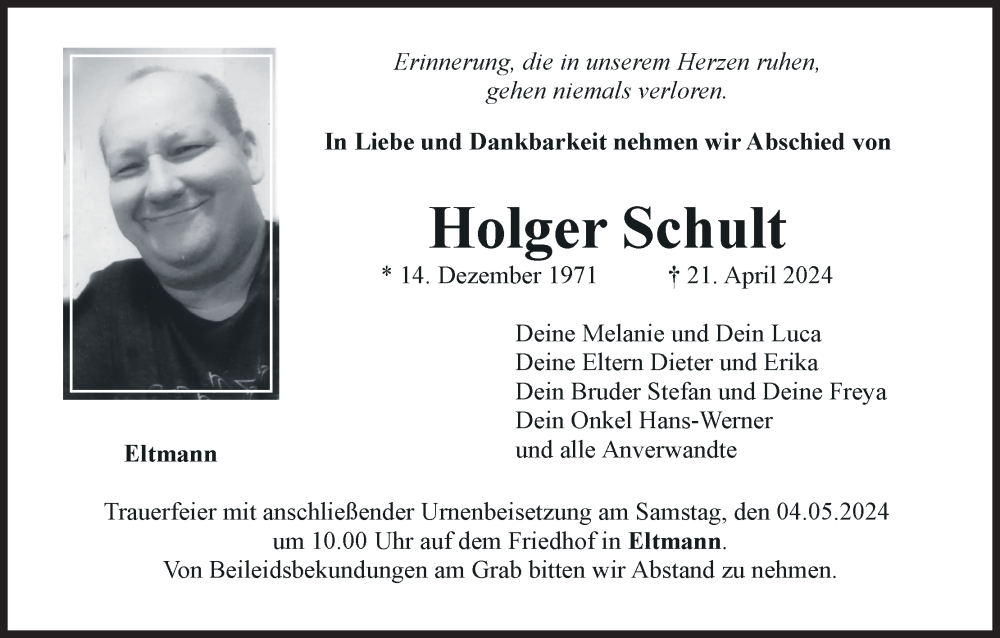  Traueranzeige für Holger Schult vom 30.04.2024 aus MGO