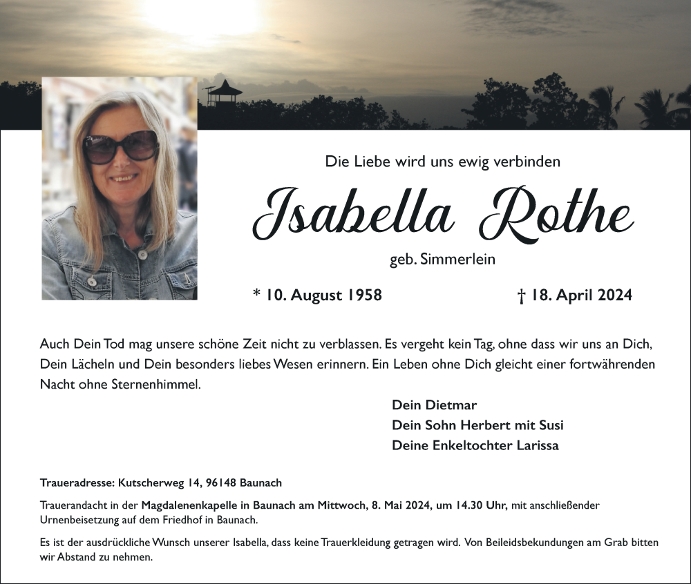  Traueranzeige für Isabella Rothe vom 04.05.2024 aus MGO