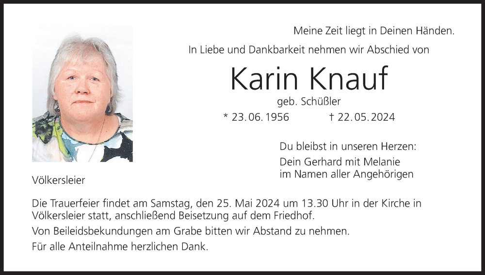  Traueranzeige für Karin Knauf vom 24.05.2024 aus MGO