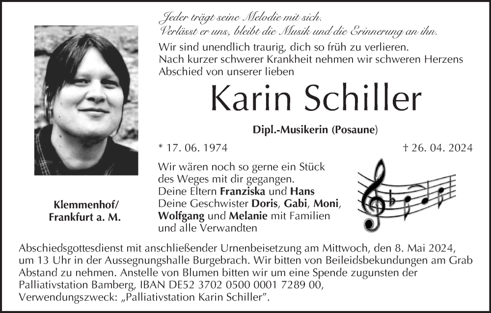  Traueranzeige für Karin Schiller vom 04.05.2024 aus MGO