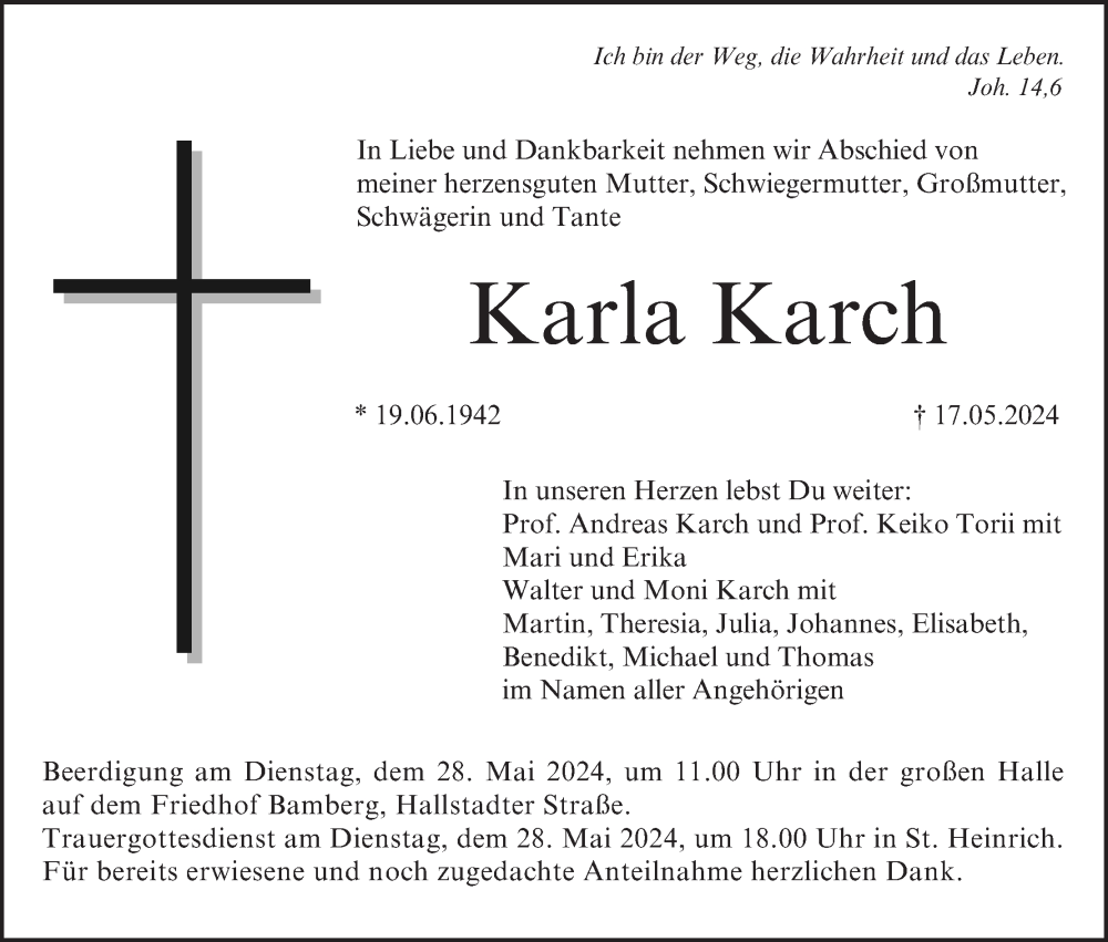  Traueranzeige für Karla Karch vom 25.05.2024 aus MGO