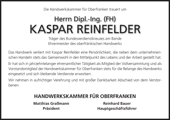 Anzeige von Kaspar Reinfelder von MGO