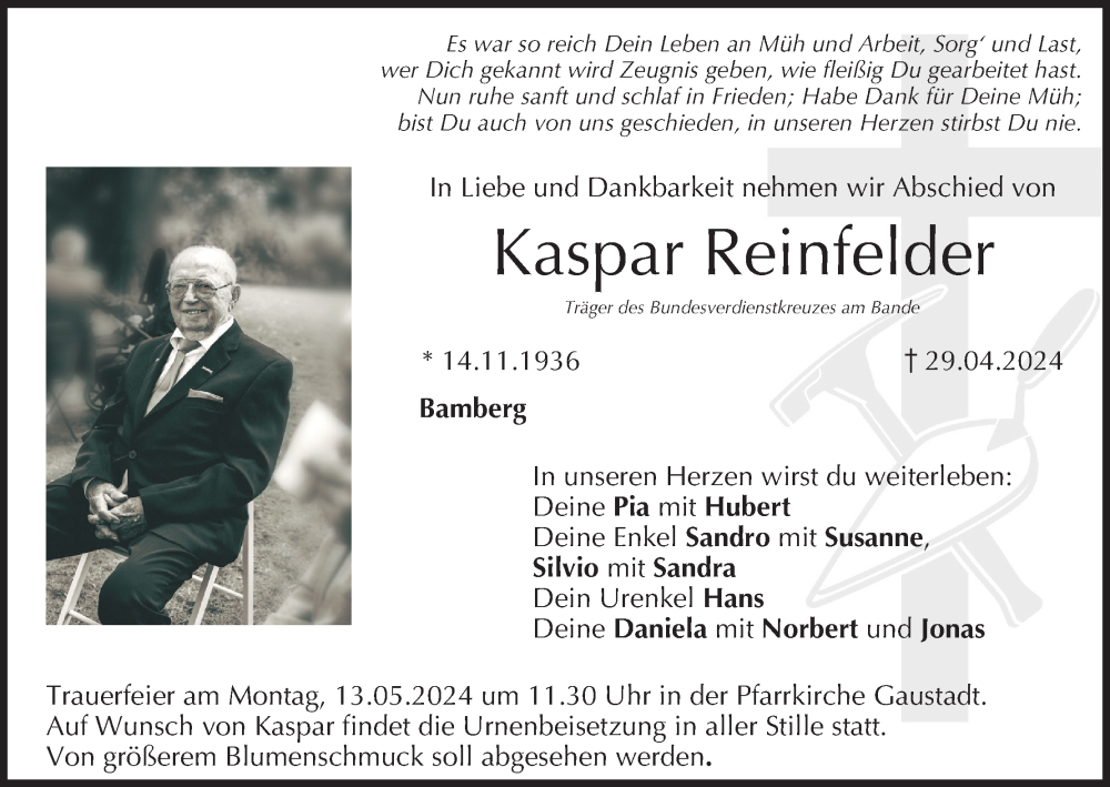  Traueranzeige für Kaspar Reinfelder vom 08.05.2024 aus MGO