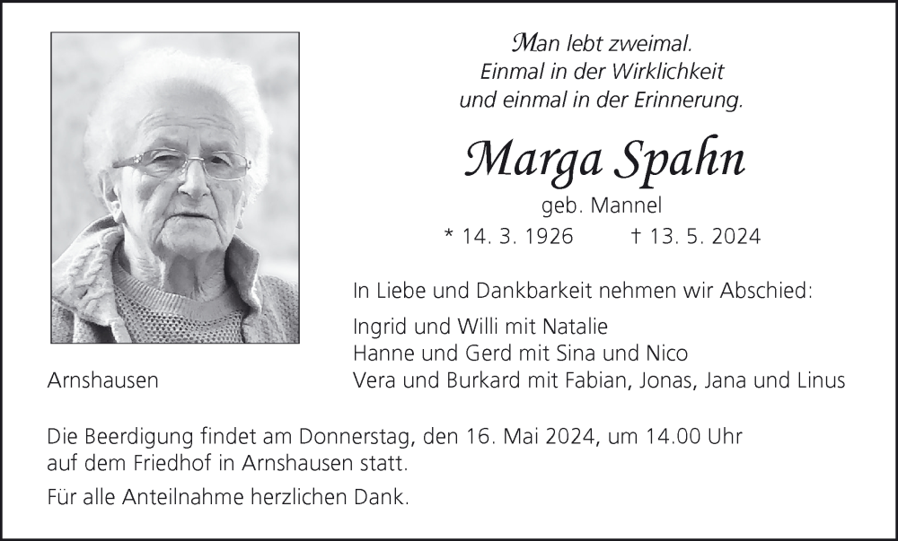  Traueranzeige für Marga Spahn vom 15.05.2024 aus MGO