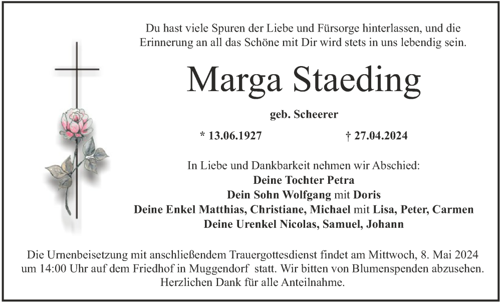  Traueranzeige für Marga Staeding vom 04.05.2024 aus MGO