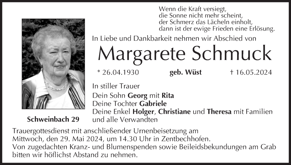  Traueranzeige für Margarete Schmuck vom 25.05.2024 aus MGO