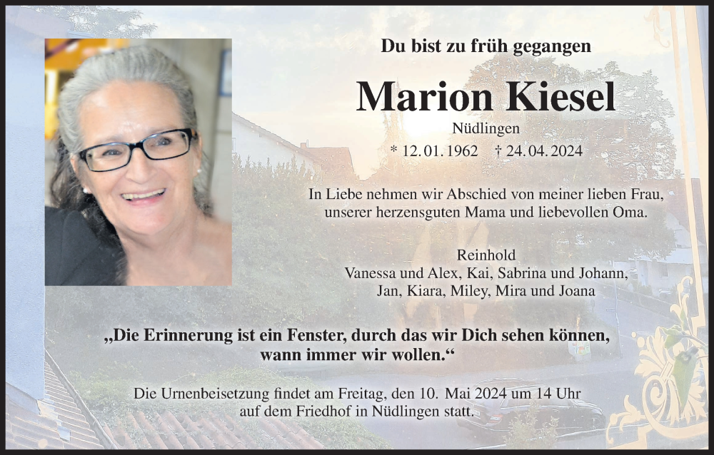  Traueranzeige für Marion Kiesel vom 04.05.2024 aus MGO