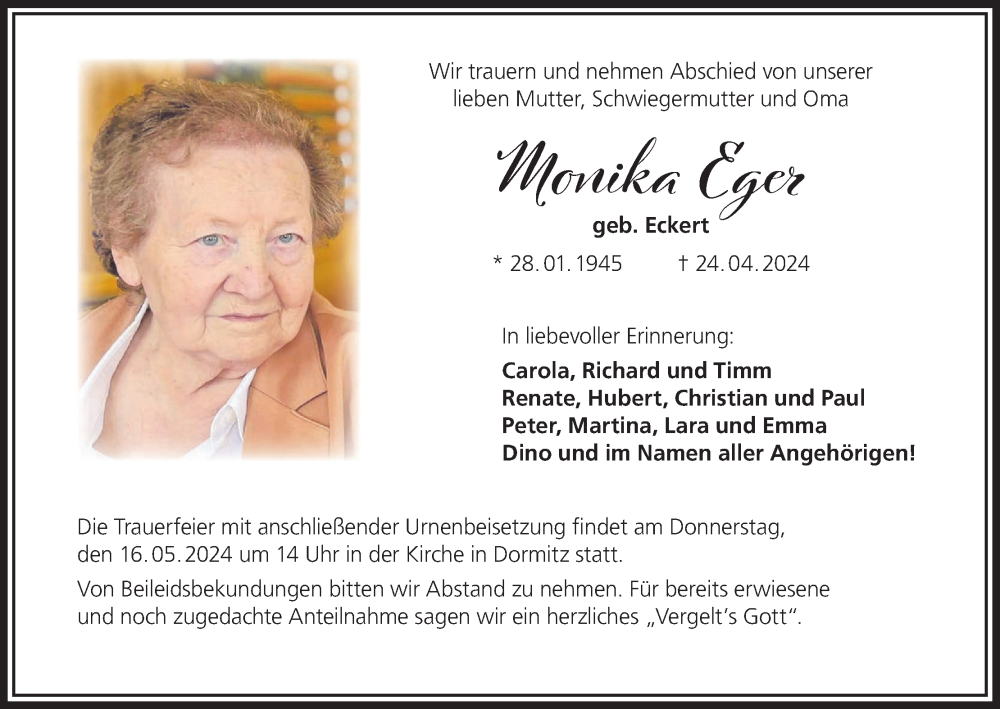  Traueranzeige für Monika Eger vom 11.05.2024 aus MGO