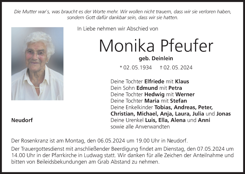  Traueranzeige für Monika Pfeufer vom 04.05.2024 aus MGO