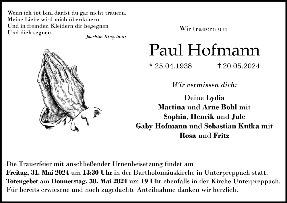  Traueranzeige für Paul Hofmann vom 25.05.2024 aus MGO