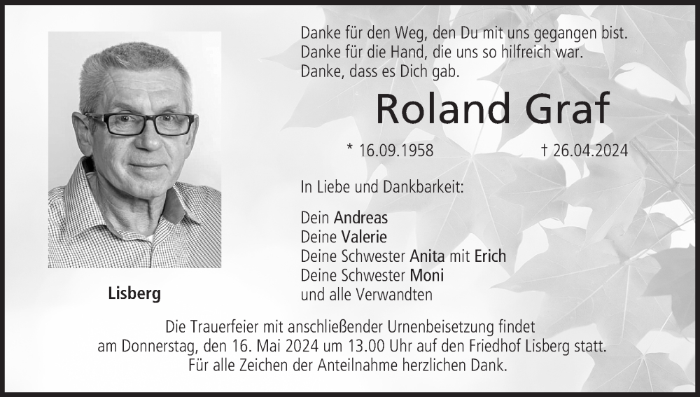  Traueranzeige für Roland Graf vom 11.05.2024 aus MGO
