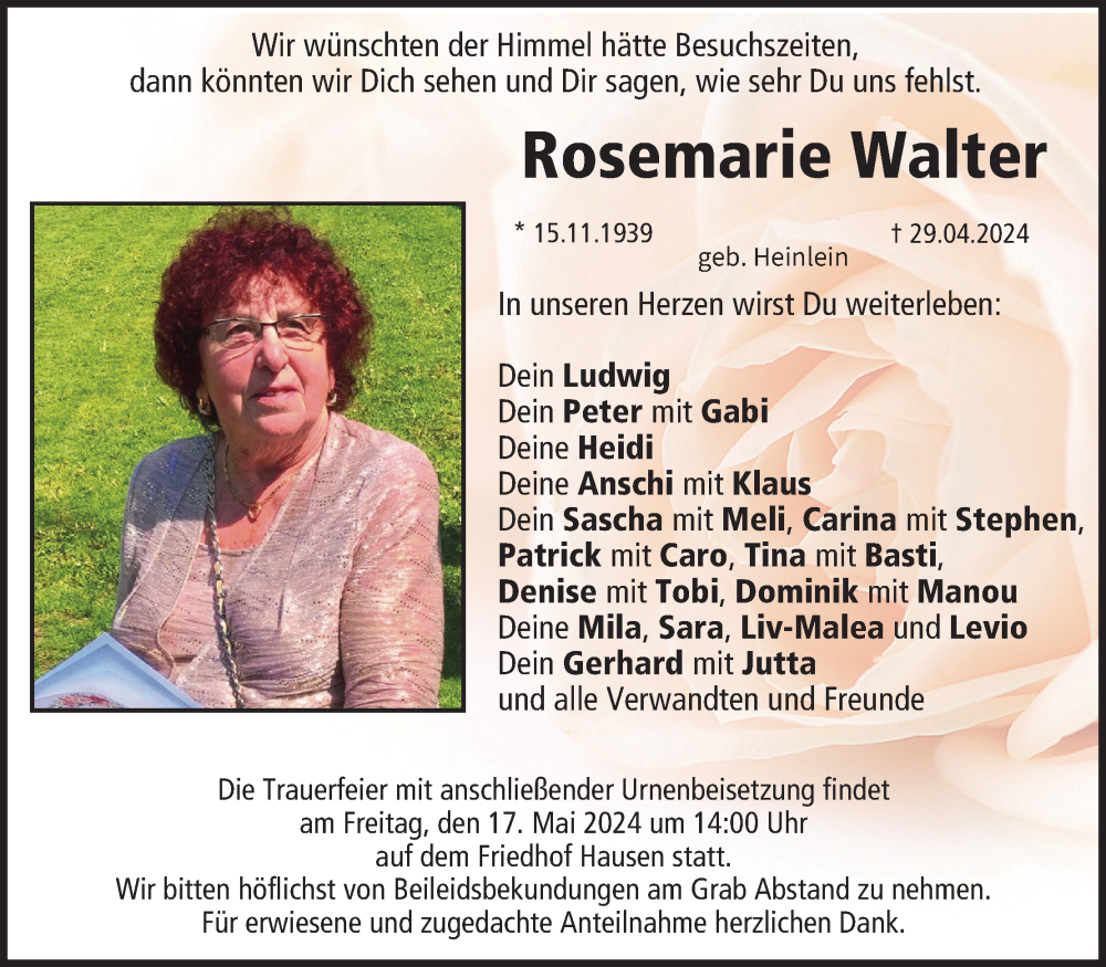  Traueranzeige für Rosemarie Walter vom 11.05.2024 aus MGO